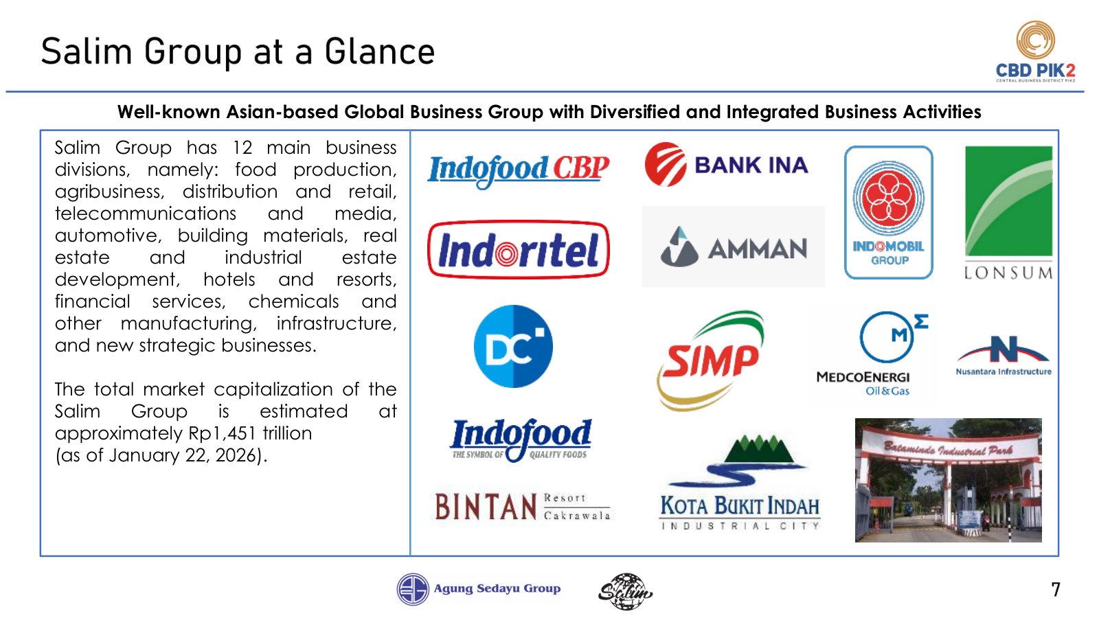 Salim Group's 12 business divisions and listed holdings, the second sponsor standing behind the project.